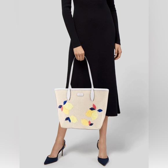 β¨HPβ¨ Kate Spade Ash Straw Lemon Zest Tote Large NWOT - Picture 2 of 14